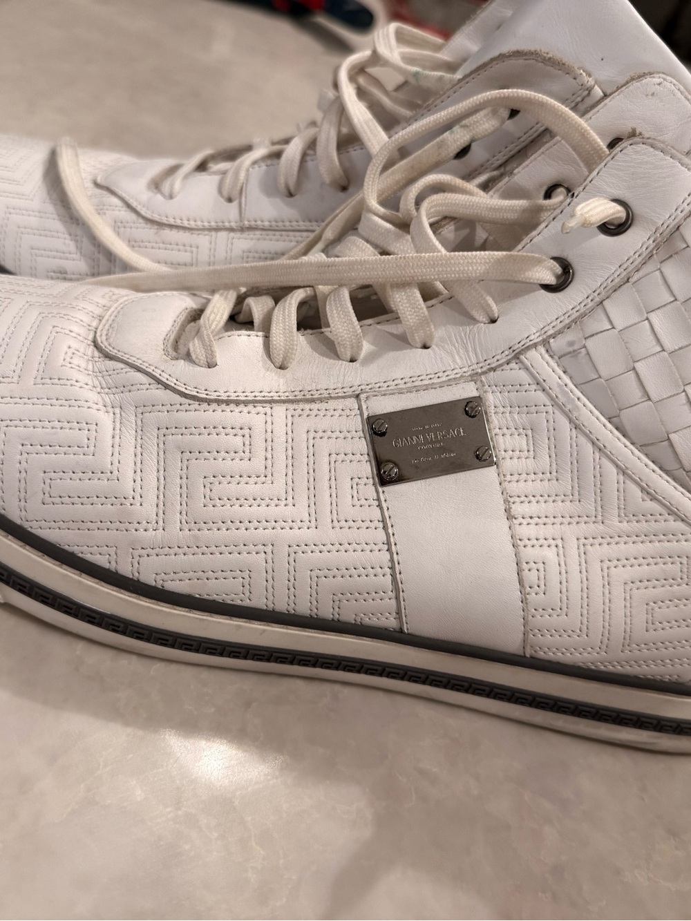 Versace White Quilted Leather High-Top Sneakers with Metal Logo Plate